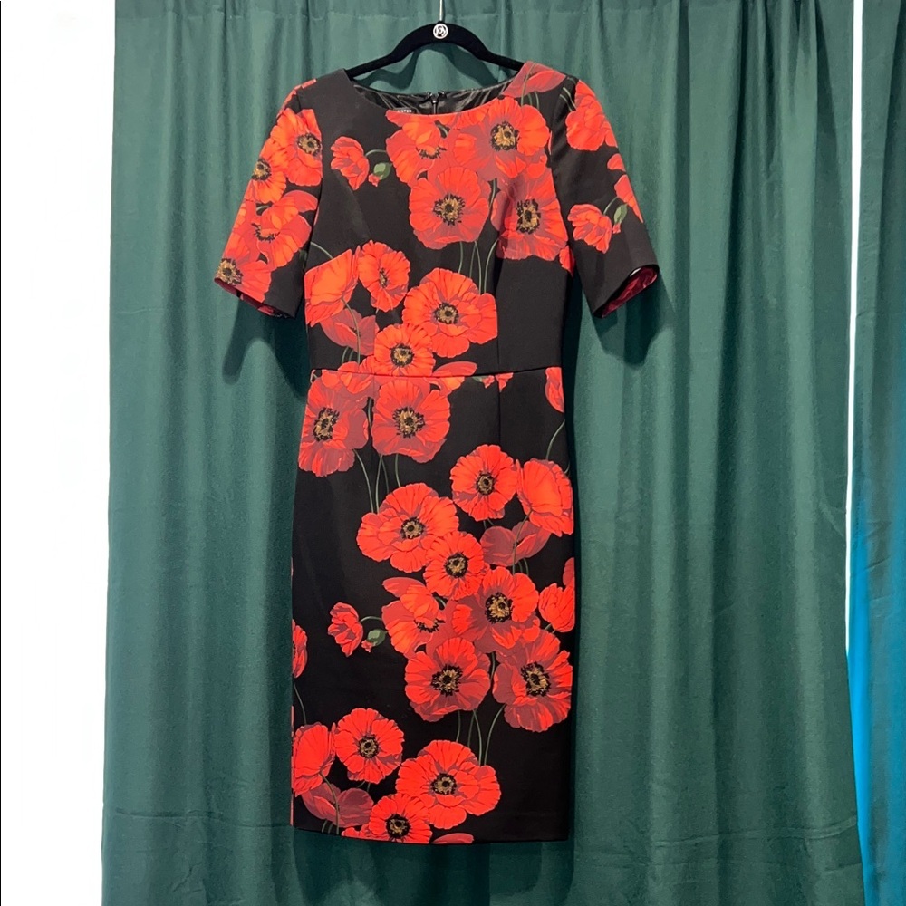 David Meister Black and Red Floral Midi Dress